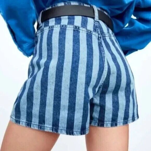 Zara Striped High Rise High Waist Denim Shorts Size US 4 (EU 36) - Picture 3 of 7